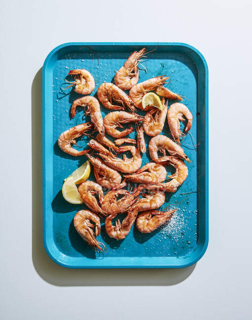 Roasted shrimps with lemon and salt — Stock Photo
