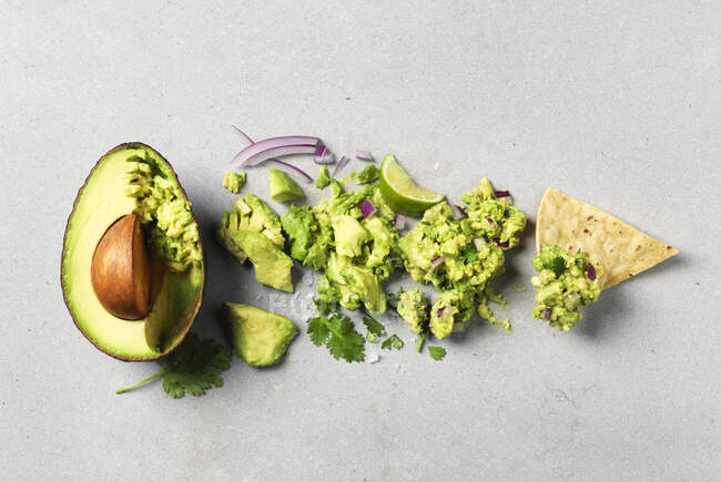 Transition from Avocado to Guacamole on a corn tortilla chip — Stock Photo