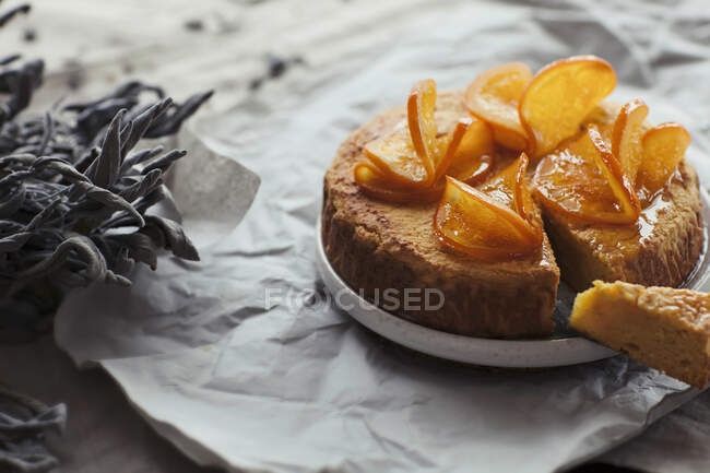 Torta arancione su carta bianca — Foto stock