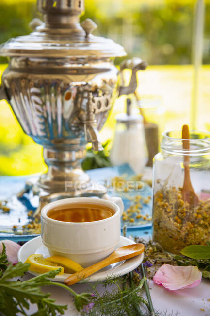 Thé dans une tasse sur une table en bois — Photo de stock