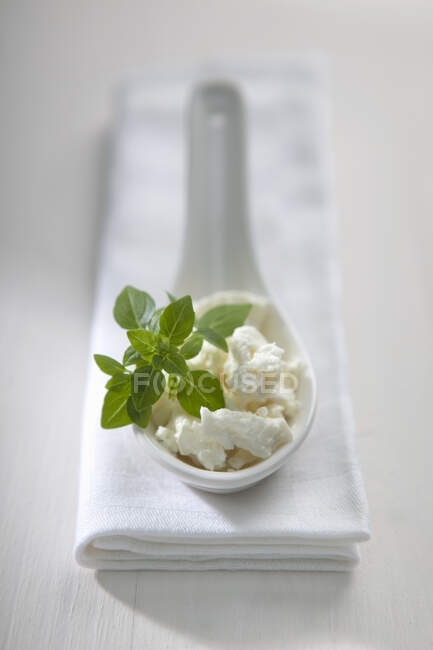 Feta sbriciolata con origano fresco su un cucchiaio di porcellana — Foto stock