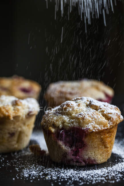 Muffins de framboesa com açúcar em pó — Fotografia de Stock