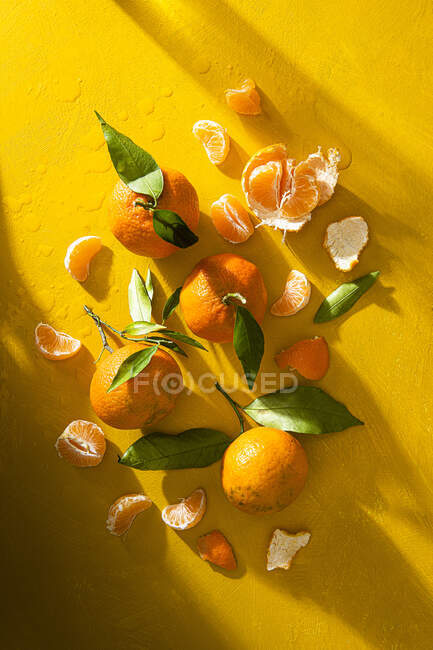 Крупный план вкусных мандаринов с листьями — стоковое фото