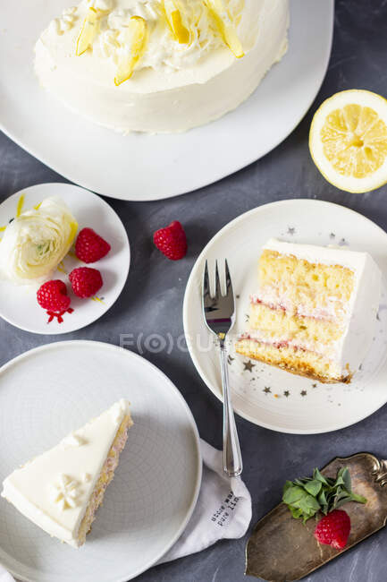 Gâteau à la framboise et à la rhubarbe avec crème au citron — Photo de stock