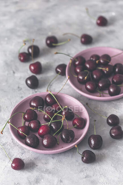 Cerezas frescas en placas rosadas en superficie de hormigón - foto de stock