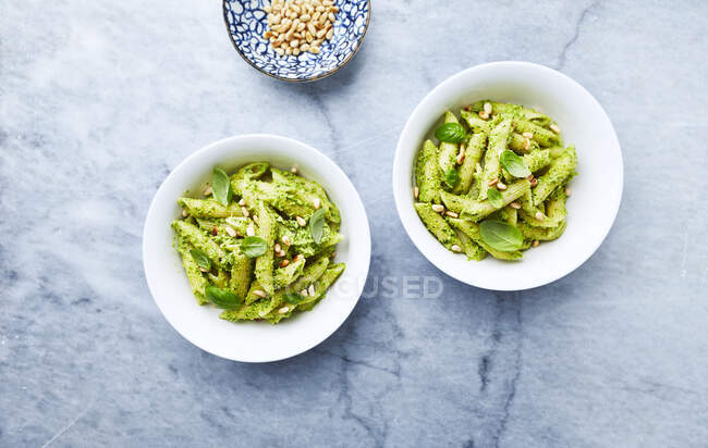 Penne-Nudeln mit Grünkohl-Cashewnuss-Pesto und gerösteten Pinienkernen — Stockfoto