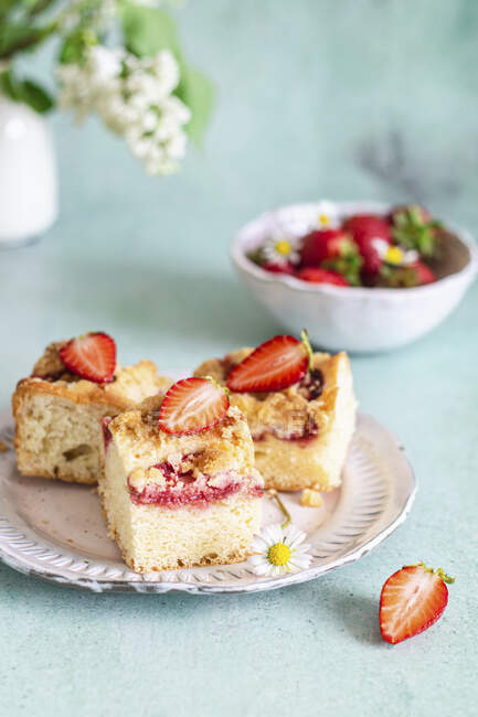 Дрожжевой торт с клубникой и крошками, подается с цветами на тарелке — стоковое фото