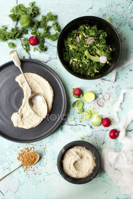 Massaged Kale salad in bowl with hummus — Stock Photo