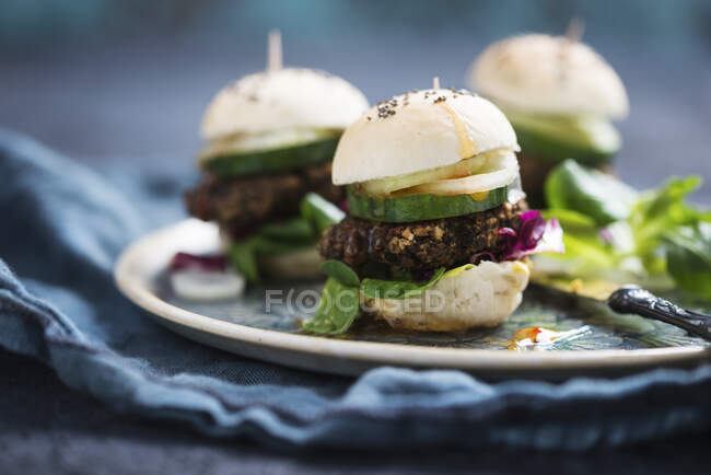 Vegan mini burgers with beluga lentil fritters, lamb's lettuce, radicchio, cucumber, onions and chilli sauce — Stock Photo