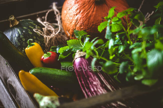 Legumes frescos e frutas em uma mesa de madeira — Fotografia de Stock