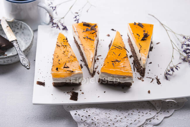 Mango vegano y pastel de quark de maracuyá con base de chocolate - foto de stock