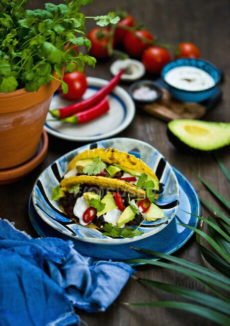 Tacos vegetarianos con aguacate, chile y cilantro - foto de stock
