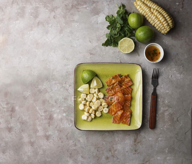 Sashimi péruvien, saumon aux épices, maïs et limes — Photo de stock