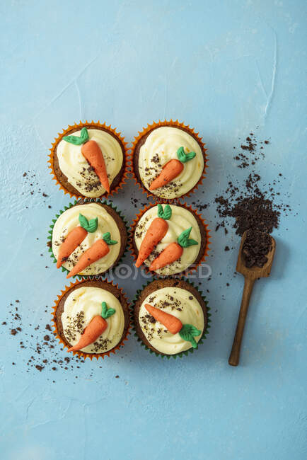 Carrots decorated cupcakes with orange cream cheese icing and crushed biscuits — Stock Photo