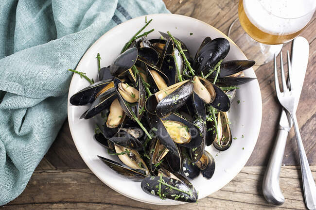 Close-up shot of delicious Bowl of Mussels with Samphire — Stock Photo