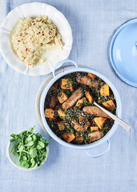 Sausage, Squash and Lentil Hot Pot with Mash — Stock Photo