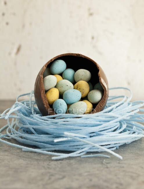 Grand œuf de Pâques en chocolat, assis dans un nid de bonbons aux myrtilles, rempli de mini œufs en chocolat — Photo de stock