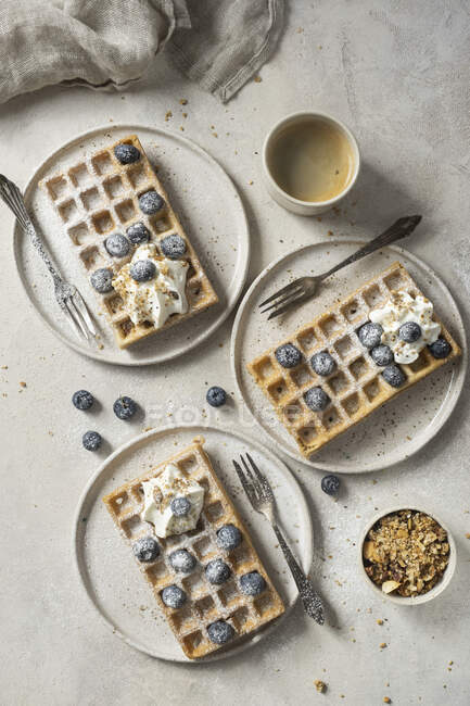 Gluten-free waffles with blueberries and whipped cream — Stock Photo