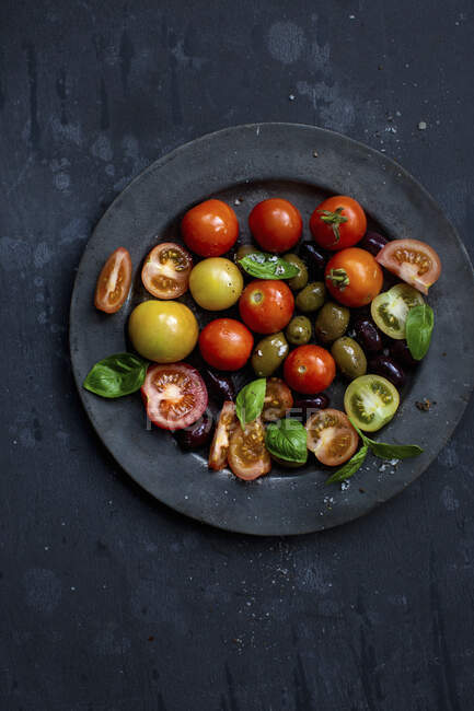 Tomatensalat mit Oliven und Basilikum — Stockfoto
