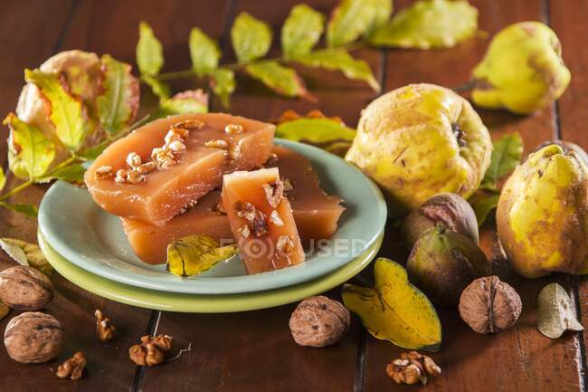 Close-up shot of delicious Quince cheese with walnuts — Stock Photo