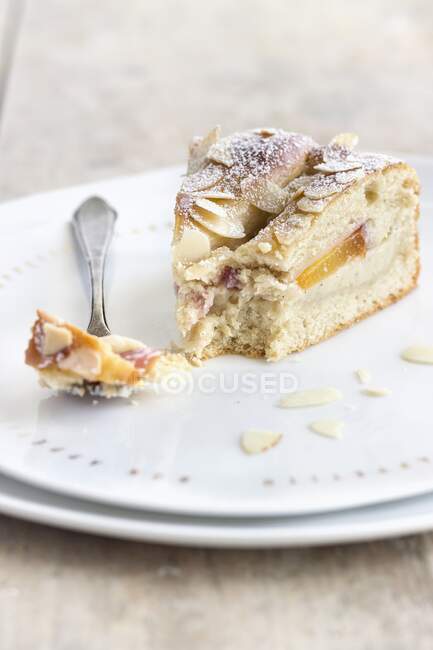 A piece of nectarine cake made from quark oil dough and filled with vanilla pudding — Stock Photo