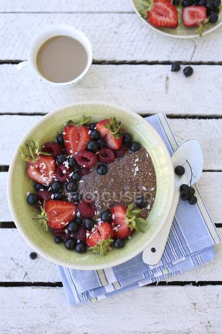 Sommerfrühstück - Schokolade-Kokos-Chiapudding mit Früchten obendrauf. — Stockfoto