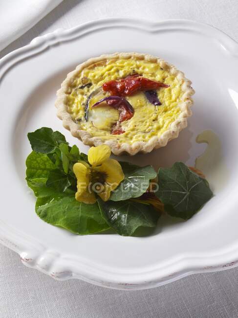Red pepper and red onion tart with nastutiums editorial food — Stock Photo