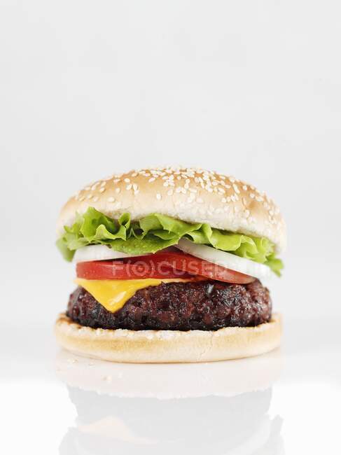 A cheeseburger with tomatoes, onions and lettuce — Stock Photo