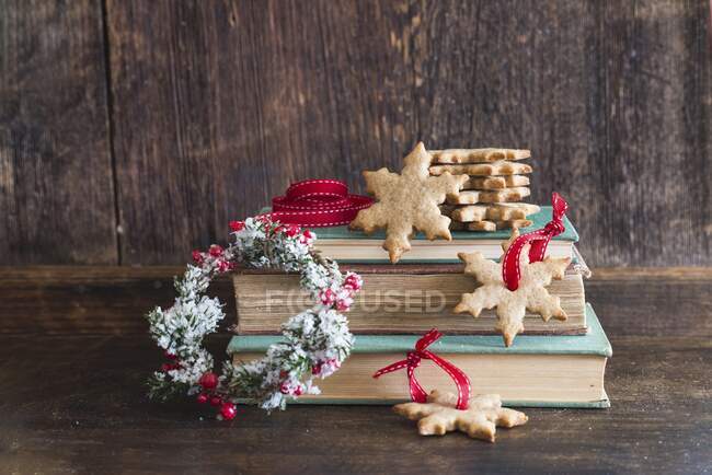 Primer plano de deliciosas galletas de Navidad en libros antiguos - foto de stock