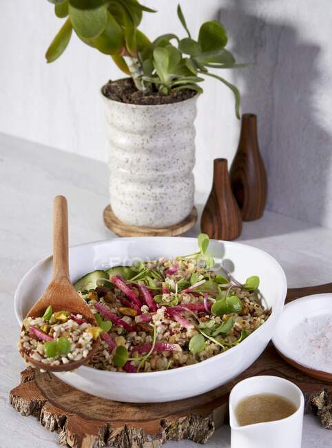 Eine Schüssel mit Sorghum und Quinoa mit Gemüse — Stockfoto