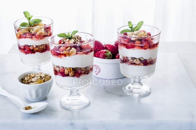 Fruit, Yogurt and Granola Parfait on a White Background — Stock Photo