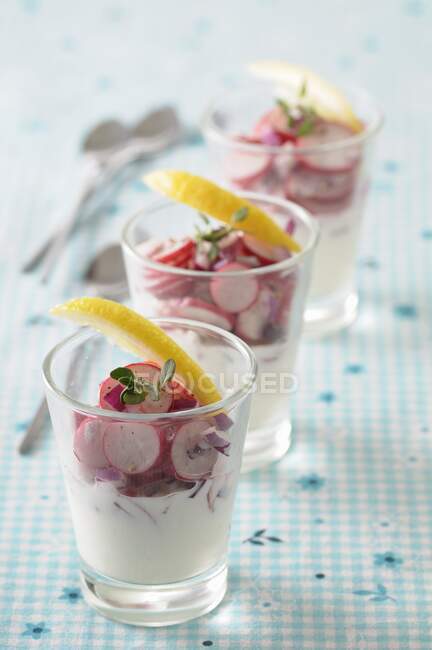 Verrine with creme legere and radishes — Stock Photo