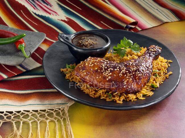 Lacquered chicken and red rice — Stock Photo