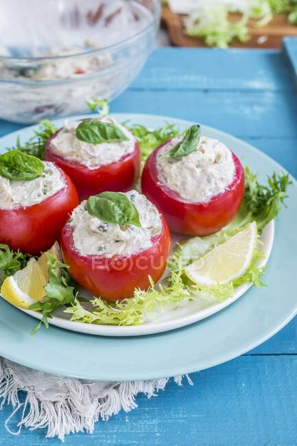 Tomaten gefüllt mit Thunfischcreme — Stockfoto