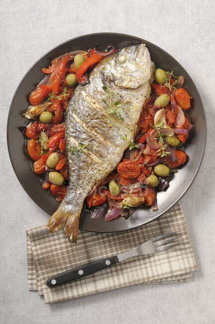 Grilled dorade with tomatoes and olives — Stock Photo