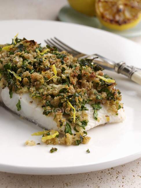 Halibut with herb crust — Stock Photo