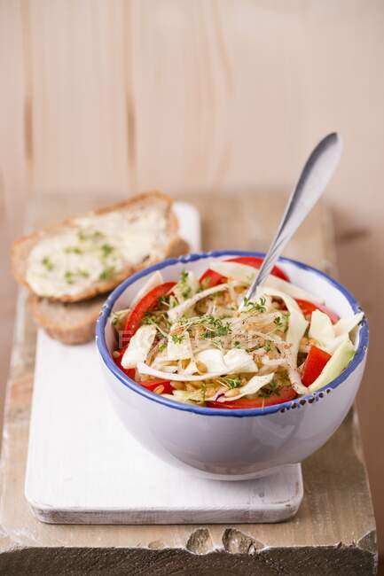 Salada Vegan em uma tigela (einkorn, repolho branco, tomates, agrião, aipo, pimenta preta) — Fotografia de Stock