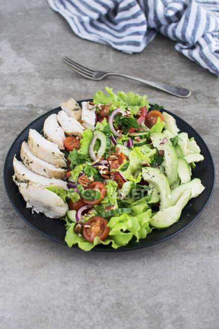 Salada de legumes com peito de frango fatiado — Fotografia de Stock