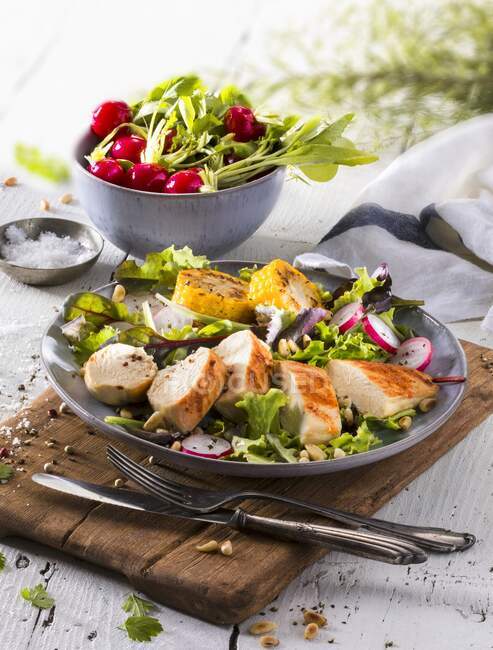 Salada de folhas mistas com filé de frango, rabanetes e pinhões — Fotografia de Stock