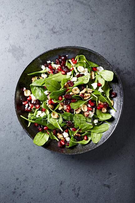 Salada de espinafre com cranberries secas, sementes de romã e nozes torradas — Fotografia de Stock
