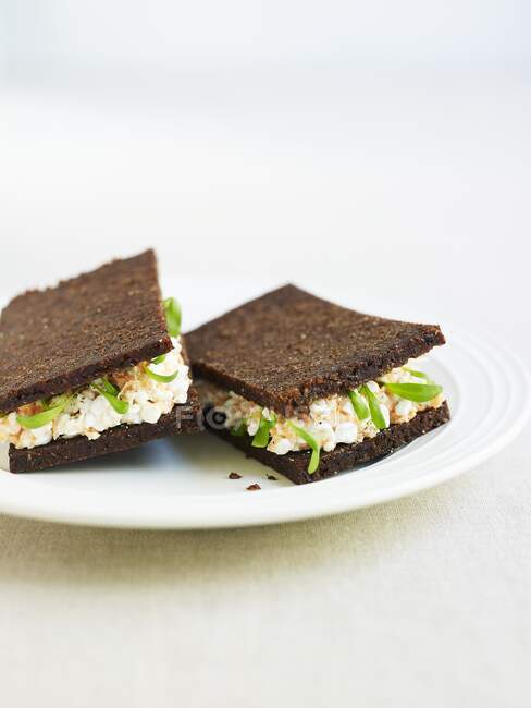 A pumpernickel sandwich with cottage cheese — Stock Photo