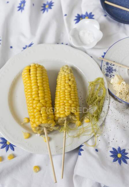 Two corn cobs with butter and salt — Stock Photo