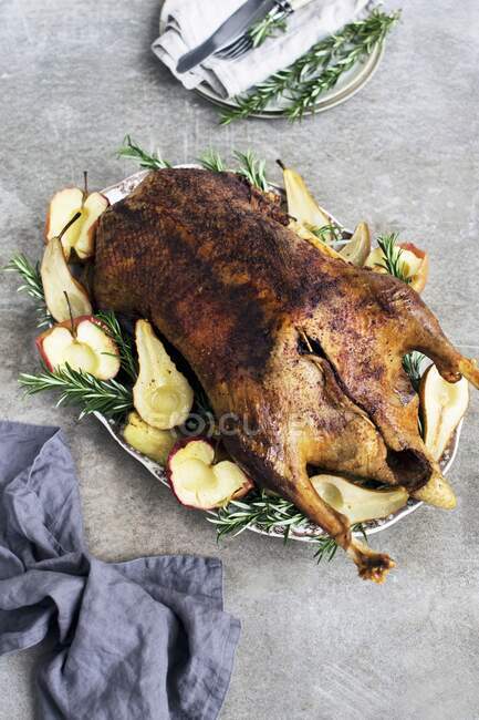 Roasted Goose with Apples and Pears — Stock Photo