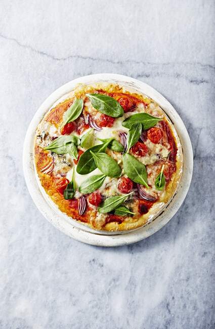 Піца з моцареллою і горгонцолла зверху з листя шпинату. — стокове фото