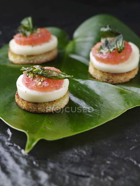 Delicious salmon canapes stylish catering — Stock Photo