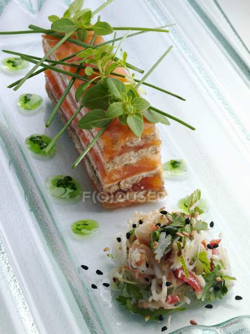 Terrina de salmão com vegetação — Fotografia de Stock