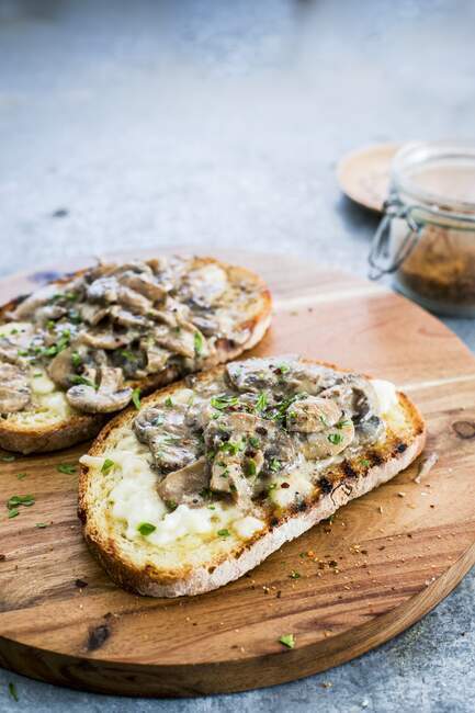 Bruschetta aux champignons et mozzarella — Photo de stock