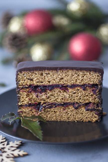 Slice of a gingerbread cake with plum jam and chocolate ganache — Stock Photo