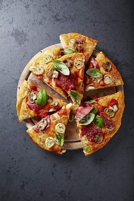 Пицца с грибами, салями и луком-порей на доске — стоковое фото