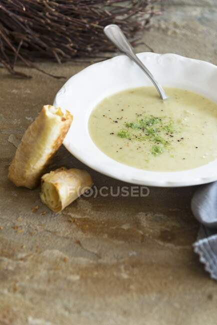 Fennel soup with baguette — Stock Photo